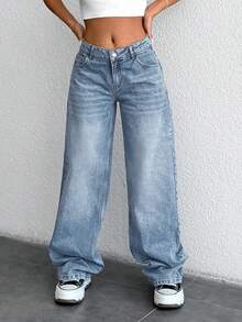 SHEIN Tall Tall Low Waist Medium Washed Wide Leg Boyfriend Jeans - Medium Wash - View 5