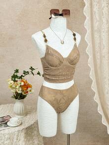 Bellisia Textured Fabric Pleated Beaded Camisole Bikini Set, Sexy High Waist Triangle Bikini Camisole Two Pieces Swimwear - Coffee Brown - View 3