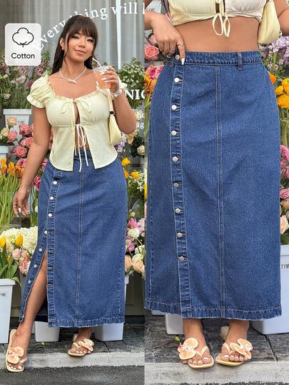 GalTyme Plus Size Distressed Button Slit Elegant Fashion Denim Skirt,Summer Holiday Outfits,Spring Break Outfits,Carnival Women Look 2026,Going Out Outfits, Casual