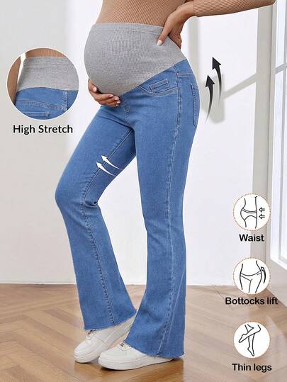 SHEIN Women's High Waist Flare Casual Versatile Jeans Winter Christmas New Year Thanksgiving Commuting Vacation Graduation Chic Y2k Cute Streetwear Coquette Party Wedding Elegant Business Casual Woman Stylish Black Maternity Bell Bottoms Supportive High Waist Flare Pants For Expecting Mothers High Waist Belly Support Maternity Pants Multi-Occasion Maternity Pants Simple Stretch Design All-Day Comfort Maternity Pants