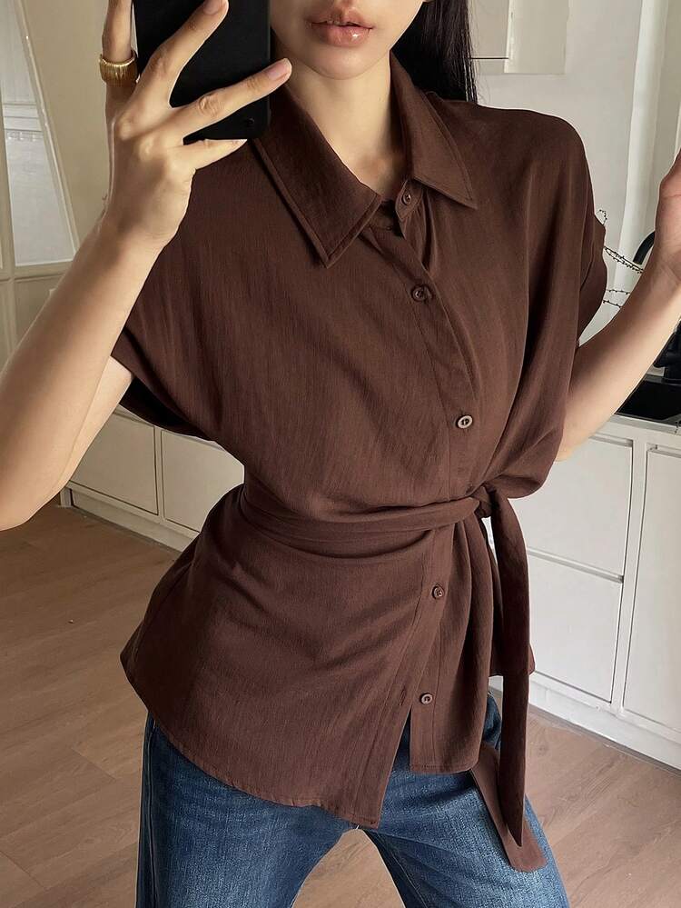 Women's Casual Solid Color Tie-Up Shirt, Summer