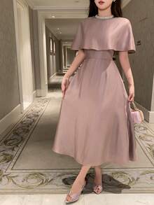 DAZY 女士优雅纯色水钻装饰中长连衣裙 夏季婚礼宾客礼服 女士吊带裙 - 紫色 - 查看 6