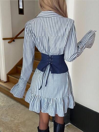 Siren Gaze Stylish Striped Long Sleeve Button Down Shirt Dress For Women With Denim Corset Waist Detail And Ruffles Women's Striped Denim Contrast Shirt Dress With Ruffled Hem Long Sleeve Collared Mini Outfit Corset Top Dress Corset Dress Striped Dress Blue Striped Dress Basque Waist Dress Summer Dress Preppy Dress Vertical Stripe Dress Front Tie Dress Blue And White Striped Dress