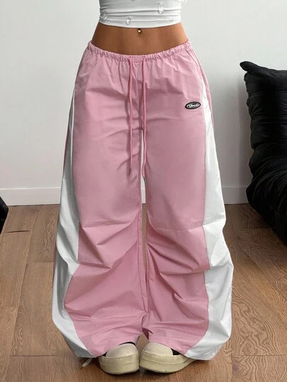 Coolane Summer Outfits  Women Plus Size , Valentine's Day   Carnival Concert Streetwear Going  Out Color-Blocked Parachute Pants Pink And White,Cargo Pants