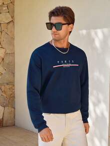 Manfinity CityGents 宽松男士字母印花连帽衫，长袖，适合秋季穿着。 - 藏蓝色 - 查看 6