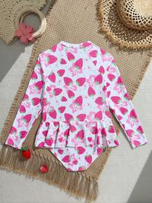 Young Girl Cute Casual Vacation Strawberry Flower Zipper Ruffle Knit Fabric Romper, Fashionable Elegant Lady Suitable For Swimming, Summer Vacation, Beach, Pool, Holiday Party - Baby Pink - View 2