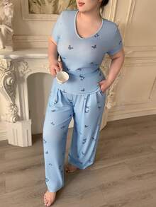 Dazy Plus Piyama Set Kaos Lengan Pendek dan Celana Panjang Motif Kupu-kupu Nyaman Ukuran Besar, Musim Panas - Biru - View 5