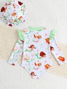 Baby Girl Cartoon Mermaid Print Patchwork Ruffle Trim Zipper Front One-Piece Swimsuit - Multicolor - View 3