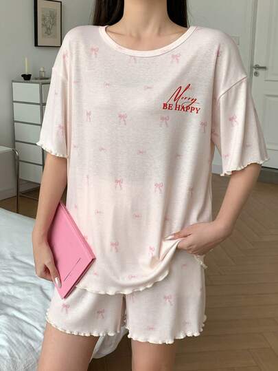 DAZY 2pcs Women Bow Pattern & English Print Loose Short Sleeve Straight Shorts Pajama Set, Summer