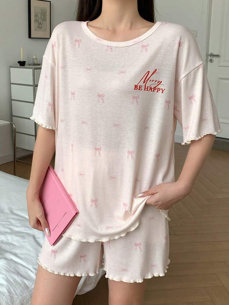 2pcs Women Bow Pattern & English Print Loose Short Sleeve Straight Shorts Pajama Set, Summer