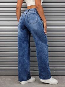 SHEIN ICON 大码女式休闲做旧口袋水洗牛仔裤，无弹力 - 中等水洗藍 - 查看 2