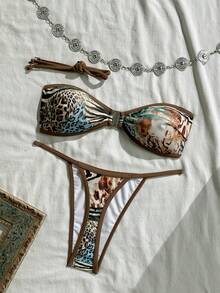 Swim Vcay Digital Print Wireless Halter Backless Bikini Top And Thong Bottoms Women Sexy Swimwear Set For Beach Vacation, Spring/Summer - Multicolor - View 3