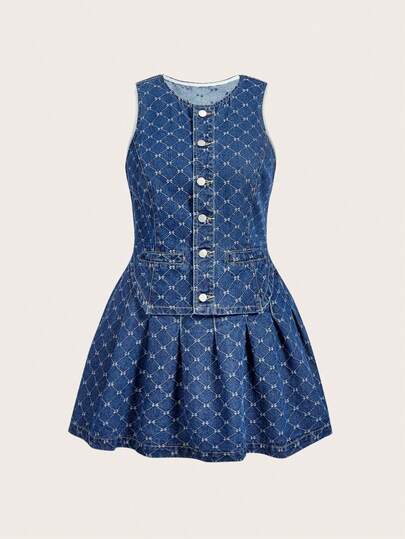 Sweetra Plus Size Fashion Casual 2 In 1 Non-Stretch Fitted Denim Dress