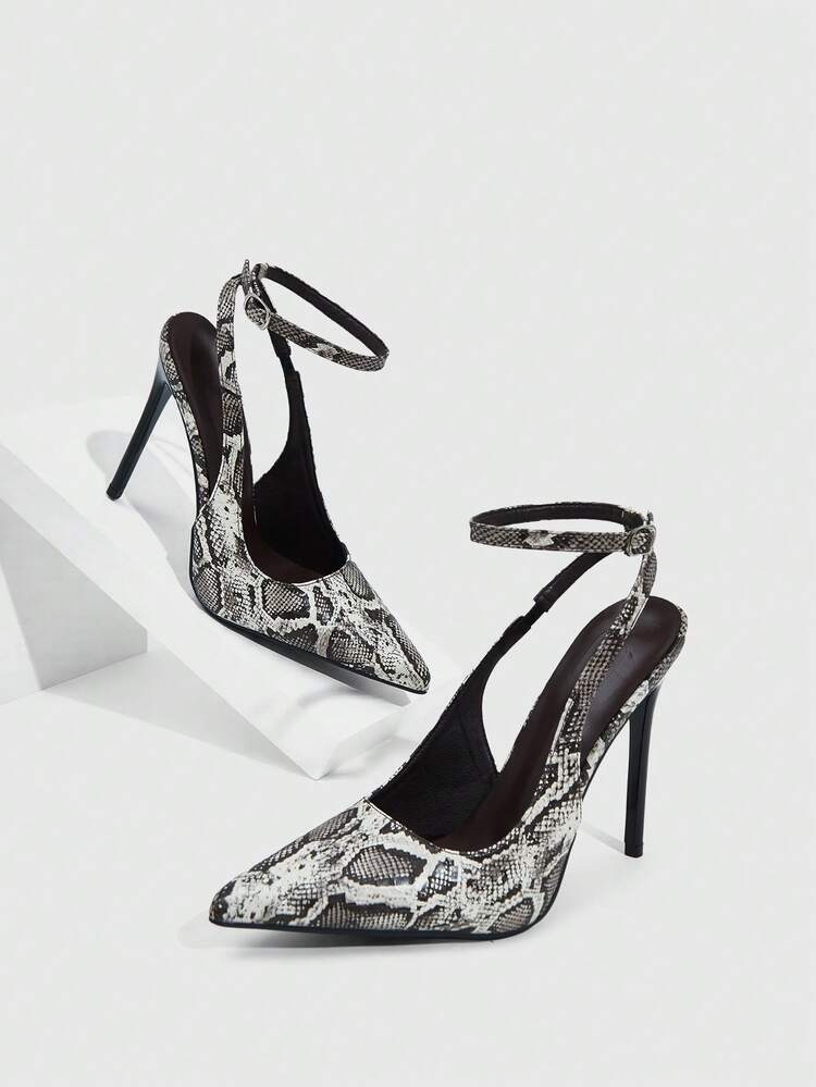 CUCCOO SZL Women Shoes Women's Pointed Stiletto Black And White Snake Pattern Fabric Fashionable And Sexy Dinner Party Nightclub Women's High Heel Shoes Rear Ankle Strap Slingback Shoes Women's Shoes