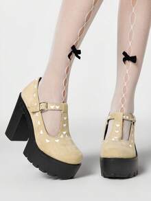 ROMWE Kawaii Women's High Heels And Shoes Black High Heels, Dark Rock Punk Gothic Shoes, Closed Toe T-Shaped With Rivets, Y2K Dress Shoes, Mary Jane Leather Shoes, Japanese JK Uniform Shoes Y2K 2000s Style - Khaki love - View 1
