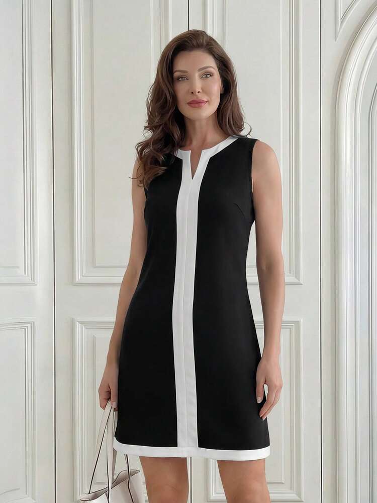Women's Contrast Color V-Neck Sleeveless Casual Short Jumpsuit Dress,Business Casual Woman,Rave Outfits Festival,Summer Outfits