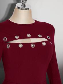 SHEIN ICON 大码女式金属眼装饰宽松连衣裙 - 酒紅色 - 查看 6