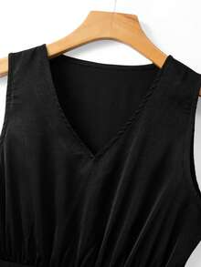 GlowEve Women's Black Satin V-Neck Sleeveless Metal Buckle Tie Waist A-Line Hollow Floral Lace Trim Little Black Dress, Elegant And Fashionable Spring/Summer - Black - View 7