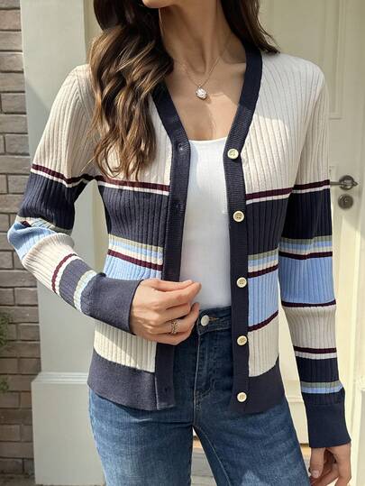 Vivie Lora 女士V领修身拼接撞色开衫毛衣