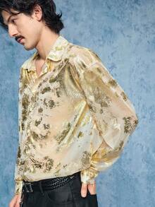 ROMWE MEN Street Life Men's Shiny Lapel Long Sleeve Single-Breasted Shirt - Blue - View 9