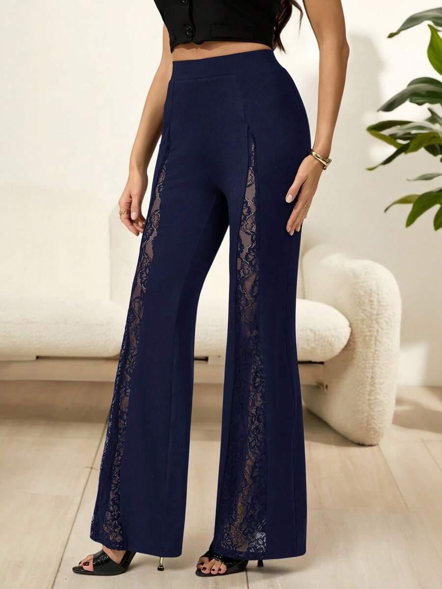 SHEIN Tall 性感撞色蕾丝高腰喇叭裤 - 藏蓝色 - 查看 1