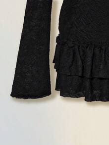 SHEIN ICON 针织提花层叠荷叶边吊带裙和吊带背心套装 - 黑色 - 查看 9