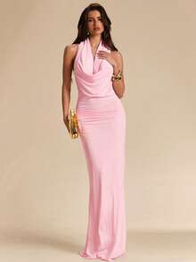 SHEIN BAE 女士纯黑色露背吊带鱼尾连衣裙，黑色连衣裙，婚礼宾客礼服，优雅连衣裙 - 黑色 - 查看 2