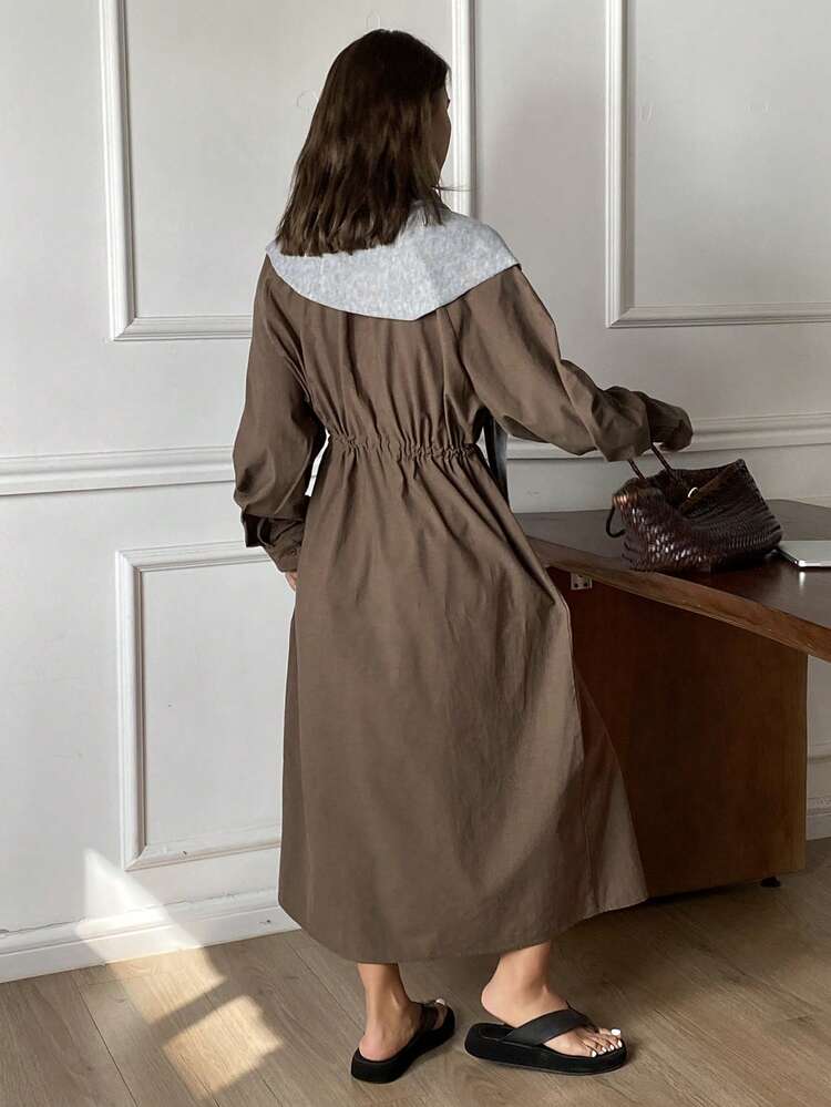 Women's Loose Solid Color Lapel Long Sleeve Long Belted Casual Elegant Shirt, Spring/Autumn
