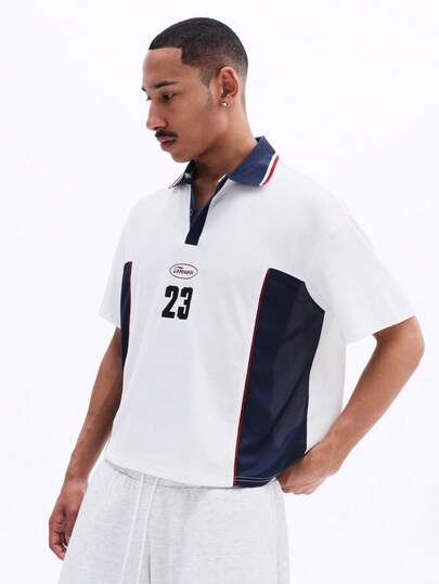 SUMWON Men's Cropped Box Fit Color Block Polo Shirt With Contrast Navy Panels And Number 23 Print