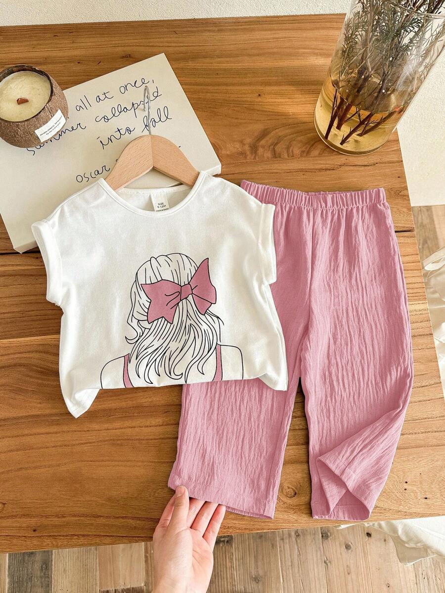 SHEIN LMoss Kids Bộ đồ 2 món mùa hè dễ thương cho bé gái: Áo thun ngắn tay và quần cạp chun màu xanh dương. - Hồng - Xem 1