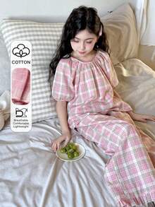 DAZY Tween Girl Plaid Print Bubble Short Sleeve Top And Ruffle Hem Wide Leg Loose Pants Pajama Set, Spring/Summer/Autumn - Pink - View 1