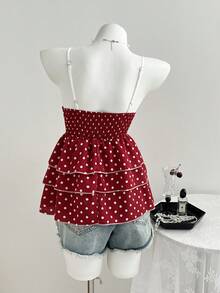 Elamini Summer Cute Sweet Polka Dot Contrast Lace Fitted Multilayer Ruffle Camisole Womens Summer Outfits Cute Outfits For Women Pin Up Outfit Women Outfit Polka Dot Top - Red - View 2