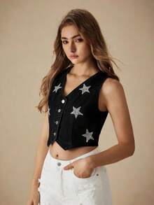 Selenza Women's Star Rhinestone Cropped Denim Vest Jacket - Dark Grey - View 3