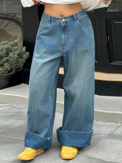 Dazy Plus 复古水洗蓝色卷边宽松直筒长款牛仔裤，四季皆宜