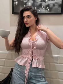 DAZY 女士夏季休闲荷叶边前系带纹理T恤 - 粉色 - 查看 8