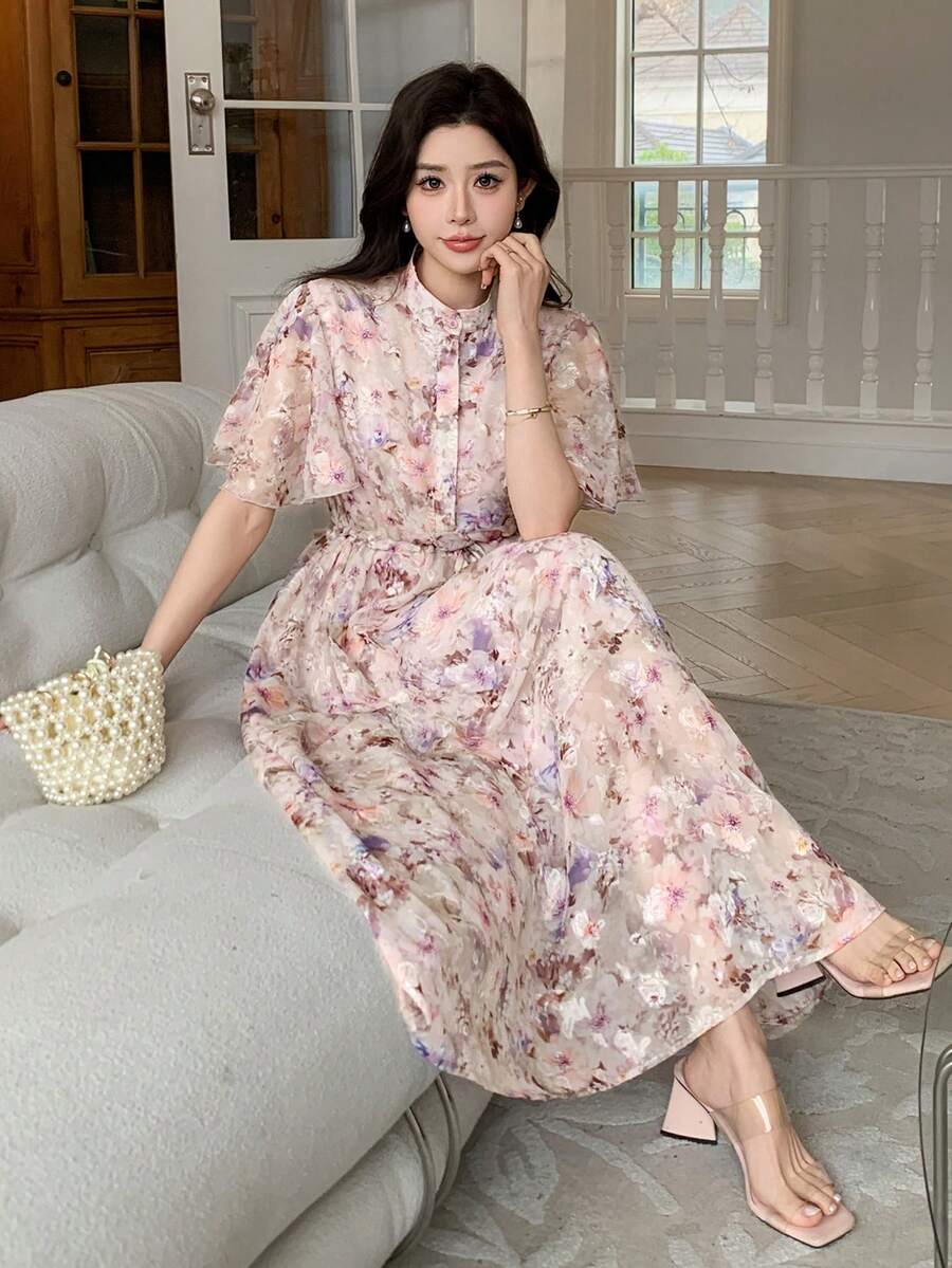 DAZY 女士优雅印花系领荷叶袖中长连衣裙 夏季 - 粉色 - 查看 1