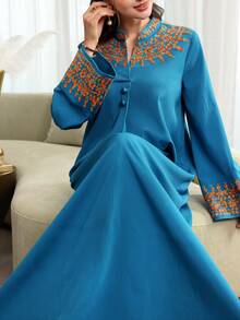 Al Najma Elegant V-Neck Front Button Embroidered Dress - Blue - View 3