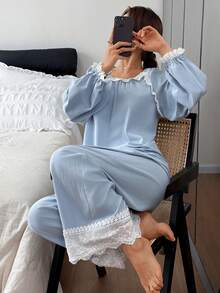 DAZY Conjunto de pijama de mujer con contraste de color elegante y dulce con aplicaciones de encaje - Azul - Ver 6