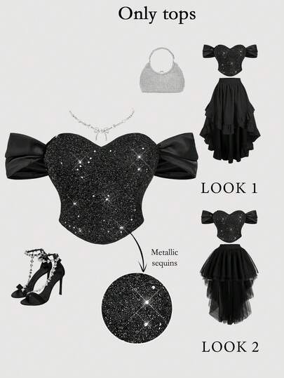 SHEIN MOD Top corto negro con lentejuelas y hombros descubiertos, adecuado para vacaciones, fiestas y citas