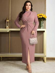 Modelyn 大码女式时尚优雅水钻扭结开衩紧身连衣裙 - 粉色 - 查看 10