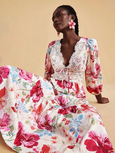 Travachic 女士春夏印花灯笼袖蕾丝拼接露背荷叶边连衣裙，度假风