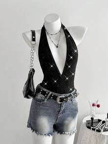 Elamini 黑色亮片针织面料深V领露背连体衣，适合春夏、派对、度假、休闲外出、街头、约会、复古时尚等场合，简约百搭，日常穿着也十分出彩。 - 黑色 - 查看 4