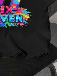 SHEIN Streecool Kids 男童彩色立方体和数字67印花圆领短袖T恤，时尚休闲，适合春夏各种场合，如派对、节日、郊游、野餐、学校活动等。 - 黑色 - 查看 5