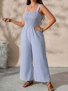EMERY ROSE Plus Size Women Striped Square Neck Casual Jumpsuit - Blue - View 5