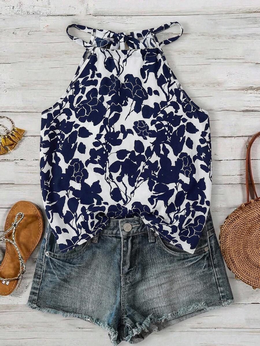 SHEIN LUNE 女士休闲碎花露背蝴蝶结吊带无袖上衣 女士夏季上衣 女士夏季上衣 夏季休闲上衣 - 藍白色 - 查看 1