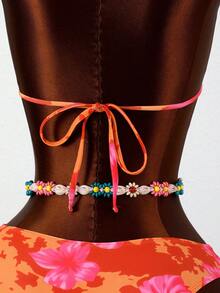 Swim Mod Bộ bikini hai mảnh tam giác, dây mảnh, màu cam phối họa tiết hoa hồng bên hông, cạp cao, thích hợp cho mùa Xuân/Hè 2026 dành cho nữ. - Nhiều màu - Xem 6
