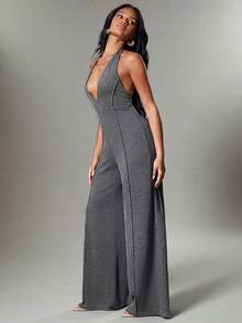 Hauture Women's Sexy Casual Halter Neck Rib Seam Overlock Detail Backless Jumpsuit - Grey - View 3