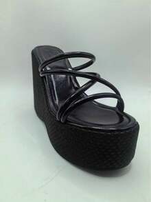 ROMWE Grunge Punk 厚底凉鞋 女士拖鞋 鱼嘴坡跟 时尚女鞋 - 黑色 - 查看 7