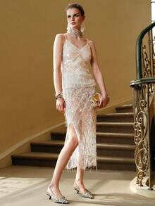 Arave Áo không tay nữ chất liệu sequin và lưới, thiết kế đính hạt tạo dáng eo, thích hợp mặc hàng ngày. - trắng - Xem 1