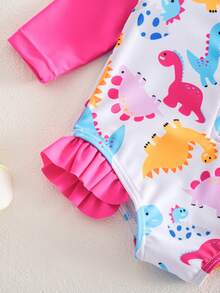 SHEIN Newborn Baby Cartoon Dinosaur Print Raglan Sleeve Ruffled Trim One-Piece Swimsuit - Hot Pink - View 3
